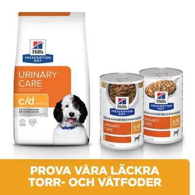 Hill's Prescription Diet Urinary Care c/d multicare torrfoder och våtfoder för hund, text: Prova våra läckra torr- och våtfoder