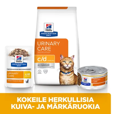 Hill's Prescription Diet Urinary Care c/d multicare -kuivaruoka, märkäruokapussi ja -tölkki kissalle. Teksti: Kokeile herkullisia kuiva- ja märkäruokia.