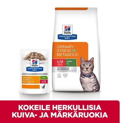 Hill's Prescription Diet Urinary Stress + Metabolic kissanruoka, kuivaruokapakkaus ja märkäruokapussi. Teksti: Kokeile herkullisia kuiva- ja märkäruokia.