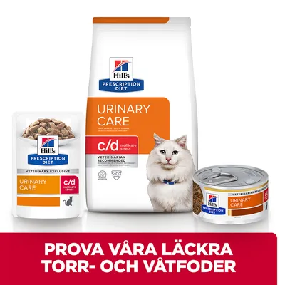 Hill's Prescription Diet Urinary Care c/d multicare stress torrfoder, våtfoderpåse och burk för katt. Text: Prova våra läckra torr- och våtfoder.