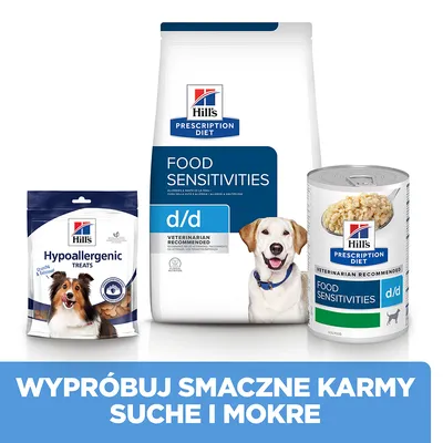 Hill's Prescription Diet Food Sensitivities d/d oraz Hypoallergenic Treats dla psów. Napis: Wypróbuj smaczne karmy suche i mokre.