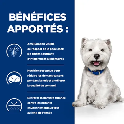 Bénéfices apportés : amélioration de la peau chez les chiens intolérants, réduction des démangeaisons nocturnes, renforcement de la barrière cutanée contre les irritants toute l’année.
