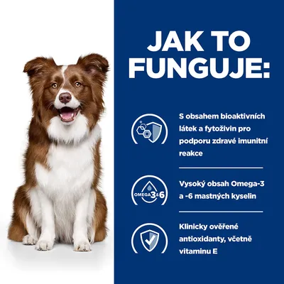 Text v češtine: Jak to funguje. S obsahem bioaktivních látek a fytoživin pro podporu zdravé imunitní reakce, vysoký obsah Omega-3 a -6 mastných kyselin, klinicky ověřené antioxidanty včetně vitamínu E.