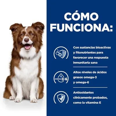 Cómo funciona: con sustancias bioactivas y fitonutrientes para respuesta inmunitaria sana, altos niveles de ácidos grasos omega-3 y omega-6, antioxidantes como la vitamina E.