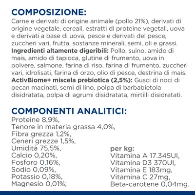Composizione: carne e derivati animali (pollo 21%), cereali, uova, pesce, frutta, oli, semi. Componenti analitici: proteine 8,9%, grassi 4%, fibra 1,2%, umidità 75,5%, vitamine A, D3, E, C.