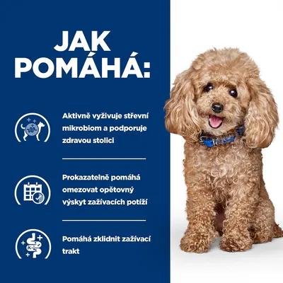 Jak pomáhá: Aktivně vyživuje střevní mikrobiom a podporuje zdravou stolici, pomáhá omezovat zažívací potíže, pomáhá zklidnit zažívací trakt. Vedle textu je pes.