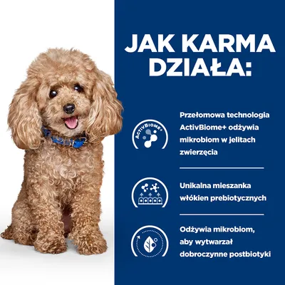 Jak karma działa: Przełomowa technologia ActivBiome+ odżywia mikrobiom w jelitach zwierzęcia. Unikalna mieszanka włókien prebiotycznych. Odżywia mikrobiom, aby wytwarzał dobroczynne postbiotyki.