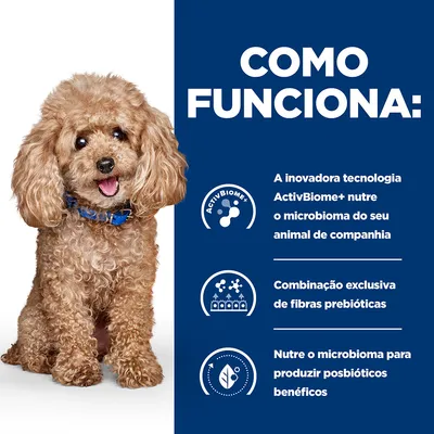 Como funciona: A inovadora tecnologia ActivBiome+ nutre o microbioma do seu animal de companhia. Combinação exclusiva de fibras prebióticas. Nutre o microbioma para produzir pósbióticos benéficos.