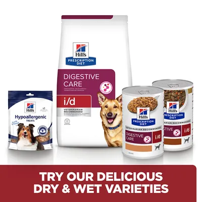 Hill's Prescription Diet Digestive Care dry food, wet food cans, and Hypoallergenic Treats shown with text: Try our delicious dry & wet varieties.