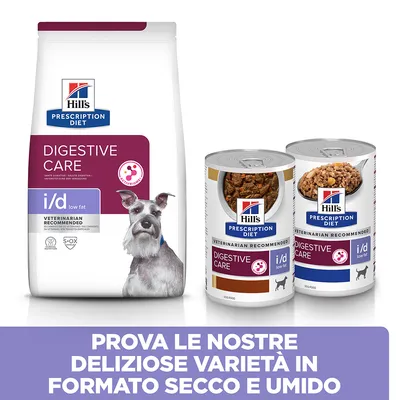 Hill's Prescription Diet Digestive Care i/d low fat per cani, confezione secca e due lattine umide. Testo: Prova le nostre deliziose varietà in formato secco e umido.