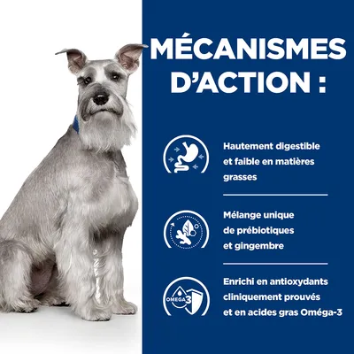 MÉCANISMES D’ACTION : Hautement digestible et faible en matières grasses, mélange unique de prébiotiques et gingembre, enrichi en antioxydants prouvés et Oméga-3.