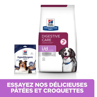 Hill's Prescription Diet Digestive Care i/d sensitive, sac de croquettes avec un chien, et Hill's HypoAllergenic Treats, sachet avec un chien. Texte : Essayez nos délicieuses pâtées et croquettes.