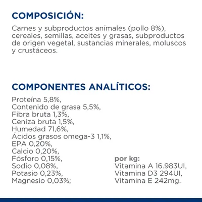 Composición: carnes y subproductos animales (pollo 8%), cereales, semillas, aceites, grasas, minerales, moluscos y crustáceos. Proteína 5,8 %, grasa 5,5 %, humedad 71,6 %, vitaminas A, D3, E.