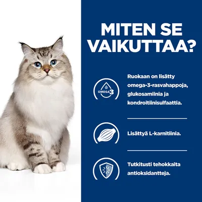 MITEN SE VAIKUTTAA? Ruokaan on lisätty omega-3-rasvahappoja, glukosamiinia ja kondroitiinisulfaattia. Lisättyä L-karnitiinia. Tutkitusti tehokkaita antioksidantteja.