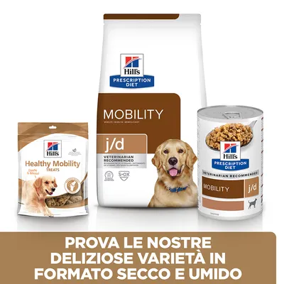 Hill's Prescription Diet Mobility j/d per cani, confezioni di crocchette, snack Healthy Mobility e cibo umido. Testo: Prova le nostre deliziose varietà in formato secco e umido.