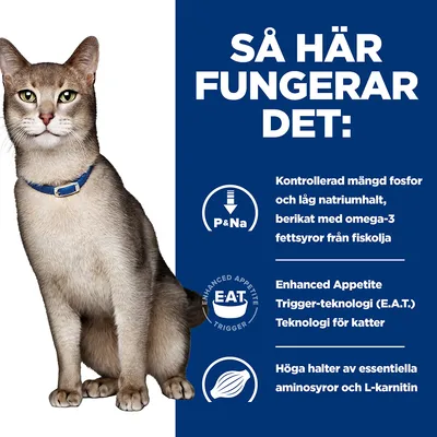 Så här fungerar det: Kontrollerad mängd fosfor och låg natriumhalt, berikat med omega-3 fettsyror från fiskolja, E.A.T.-teknologi för katter, höga halter av essentiella aminosyror och L-karnitin.