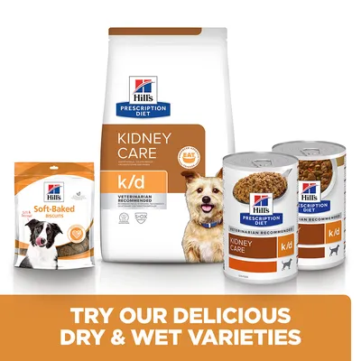 Hill's Prescription Diet Kidney Care k/d dry food, wet food cans, and soft-baked biscuits shown together with text: Try our delicious dry & wet varieties.
