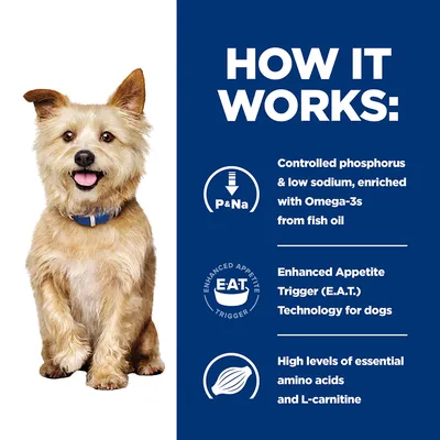 Tekst: Controlled phosphorus & low sodium, enriched with Omega-3s from fish oil; Enhanced Appetite Trigger (E.A.T) Technology for dogs; High levels of essential amino acids and L-carnitine.