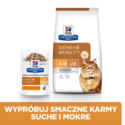 Hill's Prescription Diet Kidney+Mobility k/d j/d dla kotów, opakowanie suchej i mokrej karmy. Napis: Wypróbuj smaczne karmy suche i mokre.