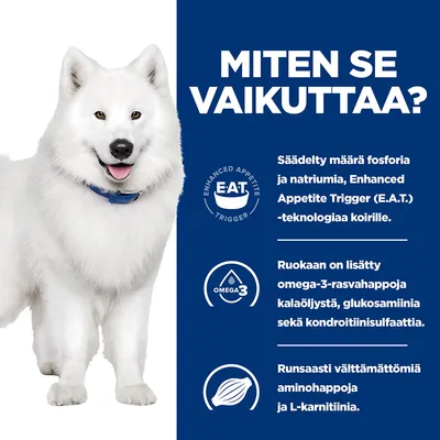 MITEN SE VAIKUTTAA? Säädelty määrä fosforia ja natriumia, Enhanced Appetite Trigger (E.A.T.) -teknologiaa koirille. Omega-3-rasvahappoja kalaöljystä, glukosamiinia, kondroitiinisulfaattia, aminohappoja, L-karnitiinia.