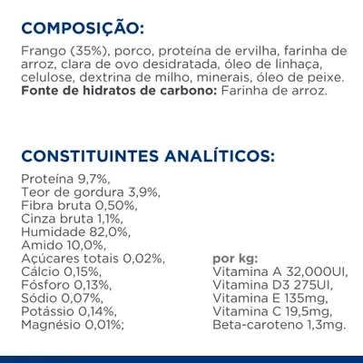 Composição: frango 35 %, porco, proteína de ervilha, farinha de arroz, óleo de linhaça, minerais. Constituintes analíticos: proteína 9,7 %, gordura 3,9 %, humidade 82 %, vitaminas A, D3, E, C.
