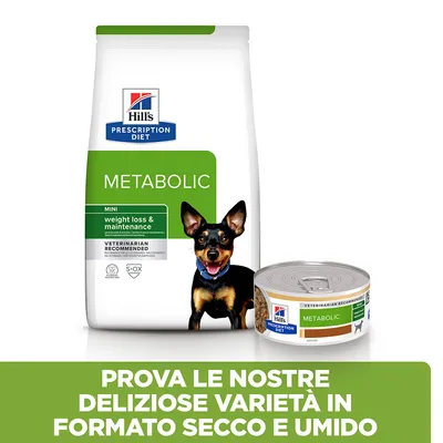Hill's Prescription Diet Metabolic Mini per cani, confezione di cibo secco e lattina di cibo umido. Testo: Prova le nostre deliziose varietà in formato secco e umido.