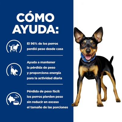 Texto: Cómo ayuda. El 96% de los perros perdió peso desde casa. Ayuda a mantener la pérdida de peso y proporciona energía para la actividad diaria. Pérdida de peso fácil: los perros pierden peso sin reducir en exceso el tamaño de las porciones.