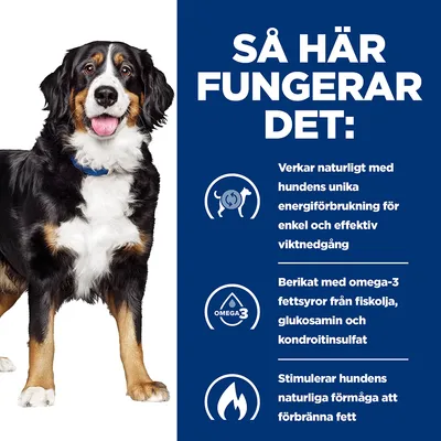 Så här fungerar det: Verkar naturligt med hundens unika energiförbrukning för enkel och effektiv viktnedgång. Berikat med omega-3, glukosamin och kondroitinsulfat. Stimulerar fettförbränning.