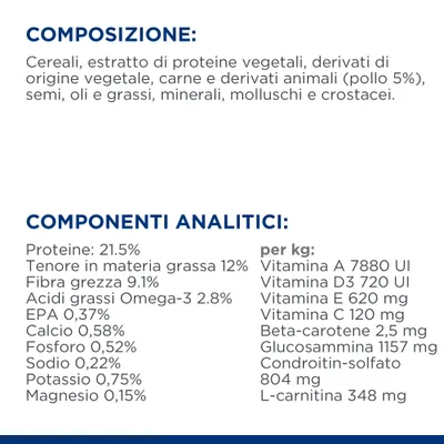 Composizione: cereali, proteine vegetali, carne e derivati animali (pollo 5%), semi, oli, grassi, minerali, molluschi, crostacei. Componenti analitici: proteine 21,5%, grassi 12%, fibra 9,1%, vitamine e minerali elencati.