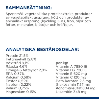 Sammansättning: spannmål, vegetabiliska proteinextrakt, kött av animaliskt ursprung (kyckling 5 %), frön, oljor, fetter, mineraler, blötdjur, kräftdjur. Protein 21,5 %, fett 12,8 %, vitaminer per kg.