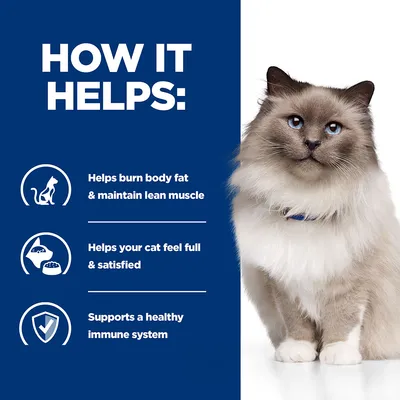 How it helps: burns body fat and maintains lean muscle, helps your cat feel full and satisfied, supports a healthy immune system. Image of a cat beside the text.