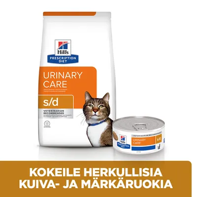 Hill's Prescription Diet Urinary Care s/d kissanruoka, kuiva- ja märkäruokapakkaus. Teksti: Kokeile herkullisia kuiva- ja märkäruokia.