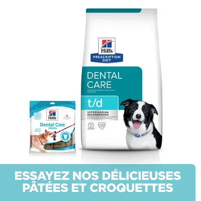 Hill's Prescription Diet Dental Care t/d croquettes et Dental Care Chews pour chien, texte : Essayez nos délicieuses pâtées et croquettes
