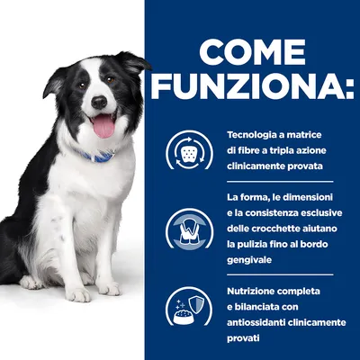 COME FUNZIONA: Tecnologia a matrice di fibre a tripla azione clinicamente provata. Forma, dimensioni e consistenza delle crocchette aiutano la pulizia gengivale. Nutrizione completa con antiossidanti.