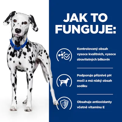 Text v češtine: Jak to funguje. Kontrolovaný obsah vysoko kvalitných, vysoko stráviteľných bielkovín. Podporuje priaznivé pH moču a má nízky obsah sodíka. Obsahuje antioxidanty vrátane vitamínu E.