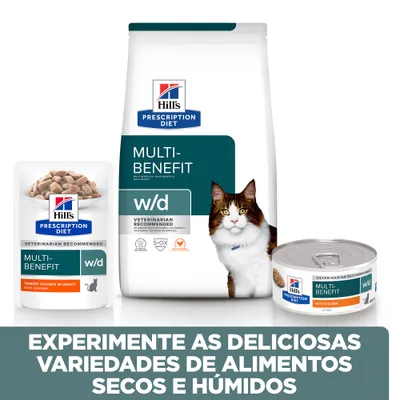 Hill's Prescription Diet Multi-Benefit w/d para gatos, variedades de alimento seco e húmido. Texto: Experimente as deliciosas variedades de alimentos secos e húmidos.
