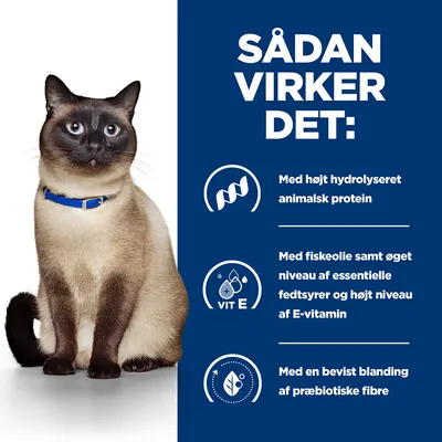 SÅDAN VIRKER DET: Med højt hydrolyseret animalsk protein. Med fiskeolie samt øget niveau af essentielle fedtsyrer og højt niveau af E-vitamin. Med en bevidst blanding af præbiotiske fibre.