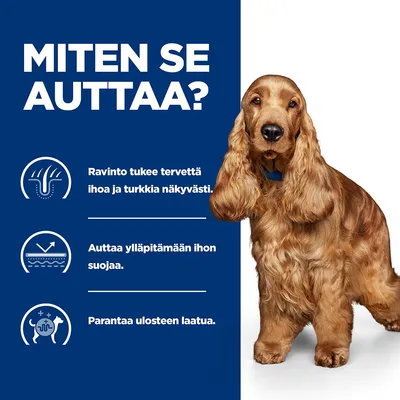 Teksti: Miten se auttaa? Ravinto tukee tervettä ihoa ja turkkia näkyvästi. Auttaa ylläpitämään ihon suojaa. Parantaa ulosteen laatua.