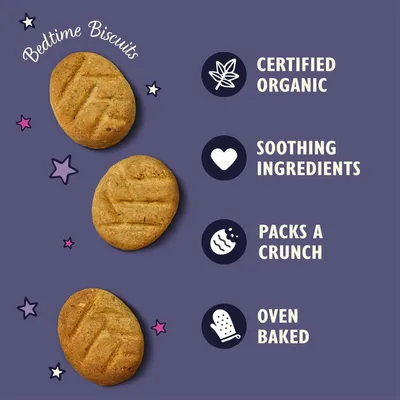 Bedtime Biscuits with certified organic, soothing ingredients, packs a crunch, and oven baked features shown in image.