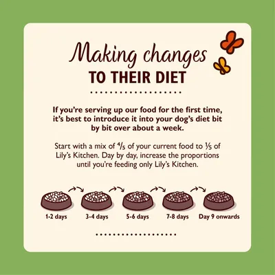 Feeding guide showing how to gradually switch food over about a week: start with mostly current food, increase new food daily until only the new food is served from day 9 onwards.