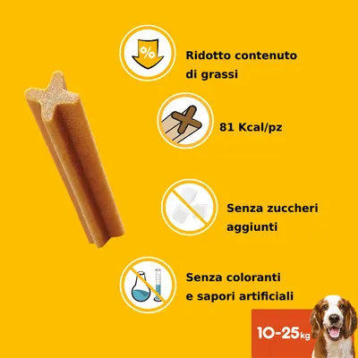 Snack per cani 10–25 kg, ridotto contenuto di grassi, 81 Kcal per pezzo, senza zuccheri aggiunti, senza coloranti e sapori artificiali. Immagine di un cane in basso a destra.