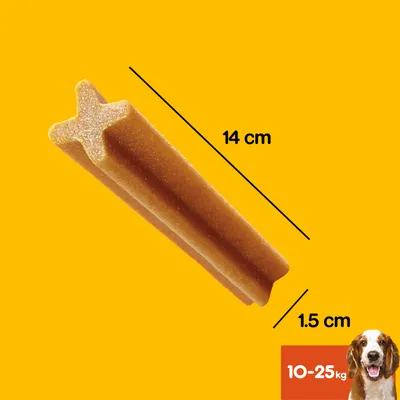 Snack em forma de estrela, comprimento 14 cm, largura 1,5 cm. Indicação visível: 10–25 kg com imagem de cão.