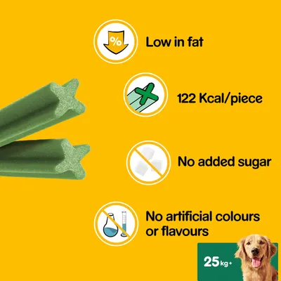 Low in fat, 122 Kcal/piece, No added sugar, No artificial colours or flavours, 25 kg+ – tekst w języku angielskim na żółtym tle obok zielonych przysmaków i psa.