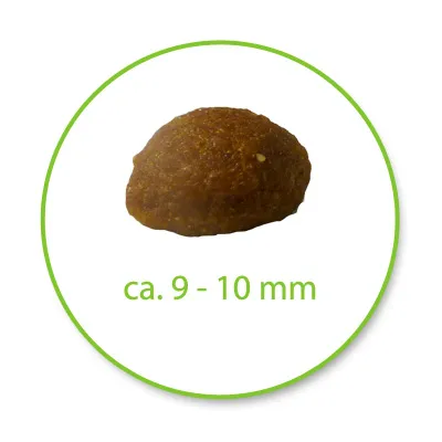 Single piece of pet food kibble with approximate size shown as 9 to 10 millimetres.