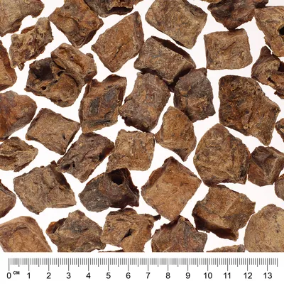 Lähikuva ruskeista, kuivatuista lihapaloista, joiden alareunassa on senttimetrimitta.