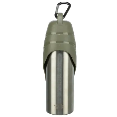 Trixie stainless steel bottle with green plastic lid and carabiner, suitable for taking along. The Trixie brand name is visible on the bottle.