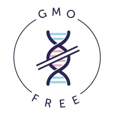Testo in inglese: GMO FREE, con simbolo di DNA barrato.