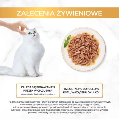 Zalecenia żywieniowe: 3 puszki dziennie dla przeciętnego dorosłego kota ważącego ok. 4 kg, w co najmniej 2 posiłkach. Dodatkowe informacje o dostosowaniu ilości karmy.