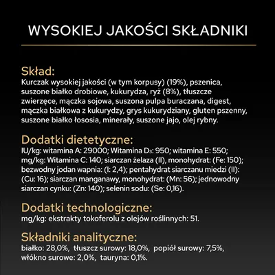 Składniki: kurczak, pszenica, białko drobiowe, kukurydza, ryż (8%), tłuszcze pochodzenia zwierzęcego, mączka sojowa, wysłodki buraczane. Składniki analityczne: białko 28%, tłuszcz 18%, popiół surowy 7,5%. Składniki: kurczak, pszenica, białko drobiowe, kukurydza, ryż (8%), tłuszcze pochodzenia zwierzęcego, mączka sojowa, wysłodki buraczane. Składniki analityczne: białko 28%, tłuszcz 18%, popiół surowy 7,5%.