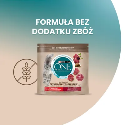 Purina ONE Bifensis Sterilcat, formuła bez dodatku zbóż. Opakowanie karmy dla kotów z widocznym napisem: 'GETREIDEFREIE REZEPTUR', ilustracja kota i kawałków mięsa.